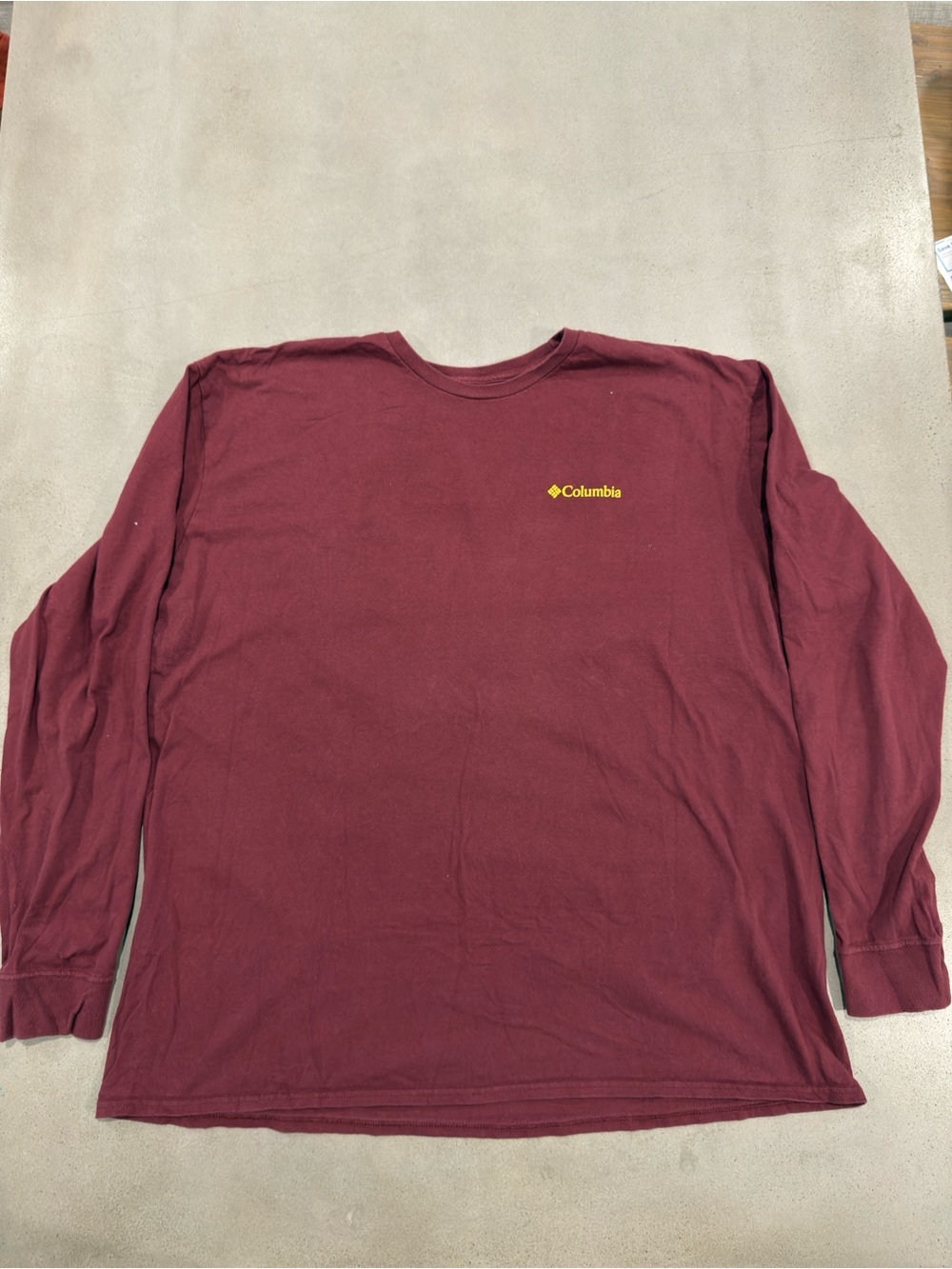 Columbia Long Sleeve Crew Tee in Maroon with Yellow Logo